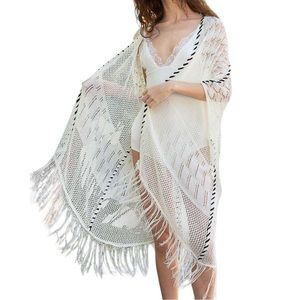 499. Women's Ivory Contrast Hem Stitch Fringe Tunic NEW